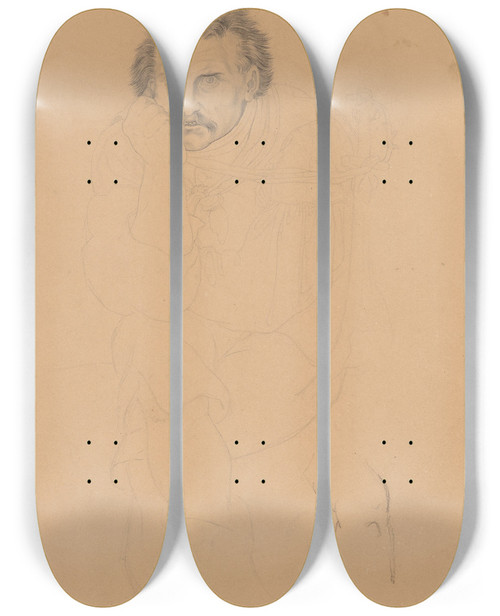 Triptych art skateboard deck of Wilhelm Von Kaulbach Study Of A Madman For Das Narrenhaus by Wilhelm von Kaulbach (1805-1874)