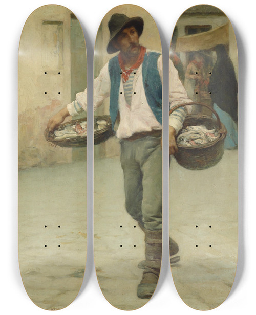 Triptych art skateboard deck of Giuseppe Barison Venezianischer Fischverkufer by Giuseppe Barison (1853-1931)