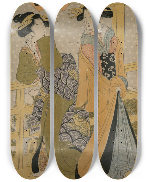 Triptych art skateboard deck of Kikukawa Eizan Two Courtesans On A Balcony From The Series Five Colors Of Ink by Kikukawa Eizan (1787-1867)