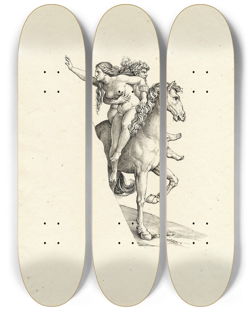 Triptych art skateboard deck of David Humbert De Superville Rape Of Woman By A Satyr by David Humbert De Superville (1770-1849)