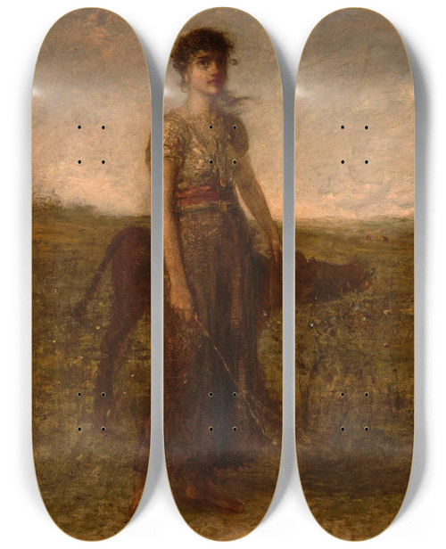 Triptych art skateboard deck of George Fuller Girl And Calf Led Through Meadows by George Fuller (1822-1884)
