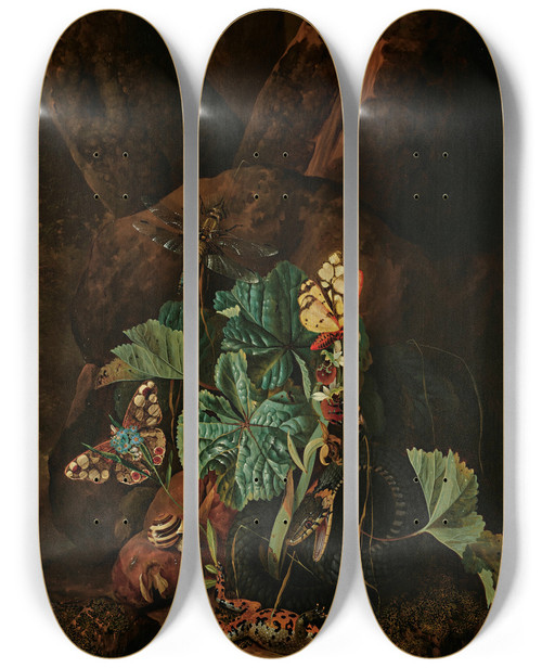 Triptych art skateboard deck of Karl Wilhelm De Hamilton A Forest Floor With A Snake Frog Snail Butterflies And Other Insects by Karl Wilhelm De Hamilton