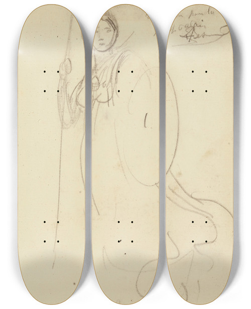 Triptych art skateboard deck of Albert Besnard Une Femme En Armure Et Bouclier De Face by Albert Besnard (1849-1934)