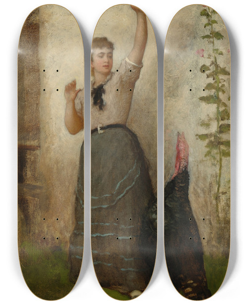 Triptych art skateboard deck of Eastman Johnson Feeding The Turkey by Eastman Johnson (1824-1906)