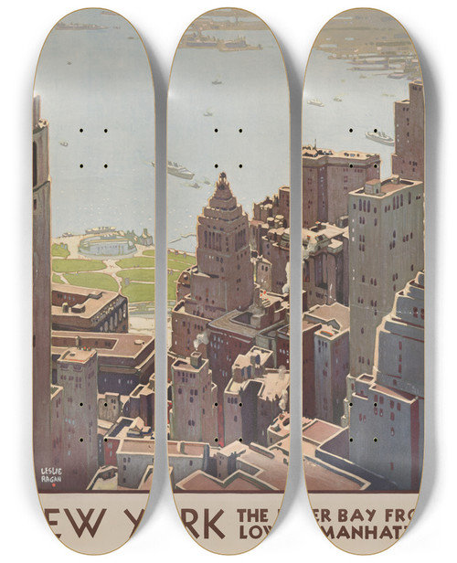 Triptych art skateboard deck of Leslie Ragan New York The Upper Bay From Lower Manhattan New York Central System by Leslie Ragan (1897-1972)