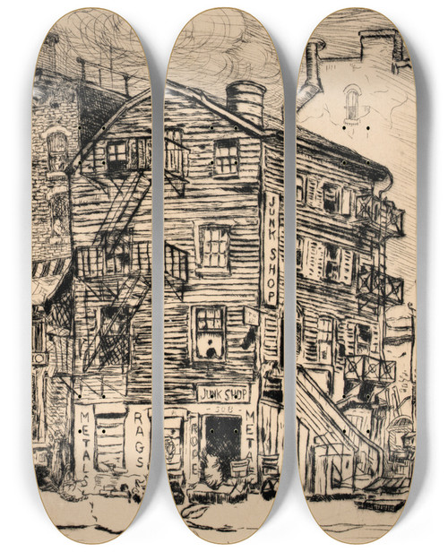 Triptych art skateboard deck of Jerome Myers Old House On 29Th St East Of 3Rd Ave Ny by Jerome Myers (1867-1940)
