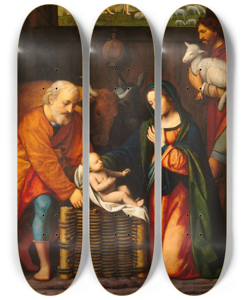 Triptych art skateboard deck of Bernardino Luini Adoration Of The Christ Child And Annunciation To The Shepherds by Bernardino Luini (1480-1532)