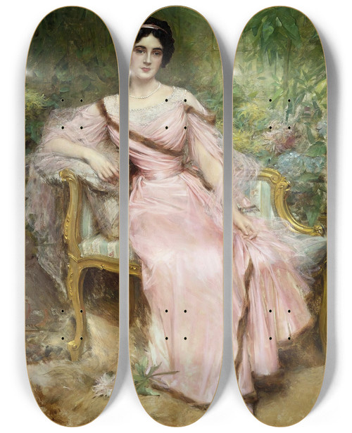 Triptych art skateboard deck of Lon Franois Comerre Portrait Of Suzanne Hudelo Ne Armand Sitting In A Greenhouse by Leon Francois Comerre (1850-1916)