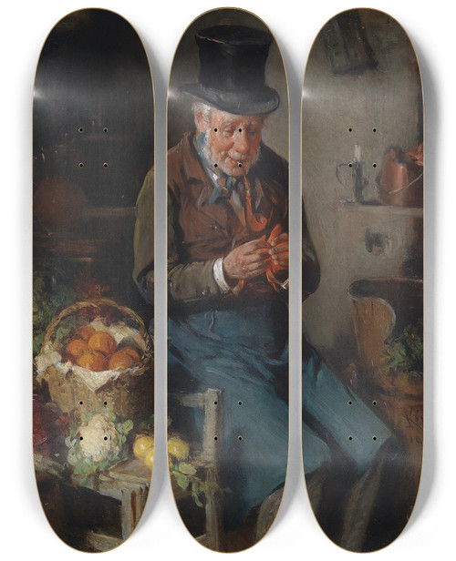 Triptych art skateboard deck of Hermann Kern Der Gemsehndler_3 by Hermann Kern (1838-1912)