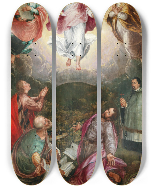 Triptych art skateboard deck of Hans Caspar Memberger The Transfiguration Of Christ On Mount Tabor With The Prophets Elijah And Moses With Saints John Peter And James And The Donor Jacob Rassler 15681617 by Hans Caspar Memberger (1555-1618)