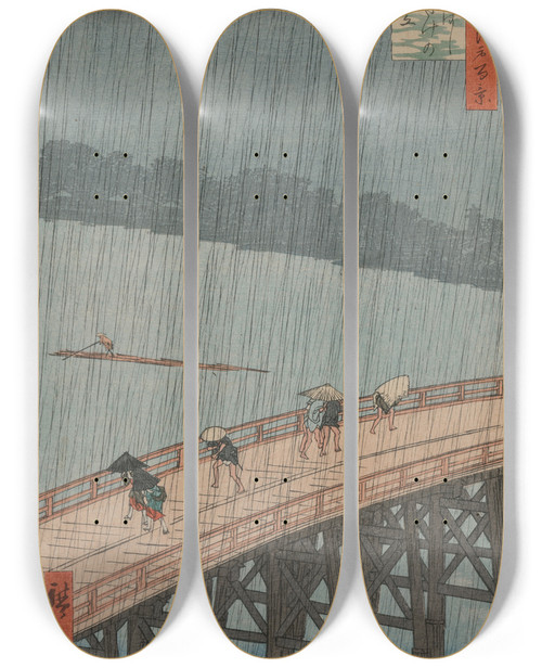 Triptych art skateboard deck of And Hiroshige Sudden Shower Over Shinhashi Bridge And Atake From The Series One Hundred Famous Views Of Edo_2 by Ando Hiroshige (1797-1858)