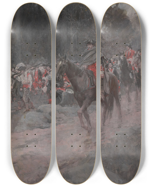 Triptych art skateboard deck of Howard Pyle Washingtons Retreat From Great Meadows by Howard Pyle (1853-1911)