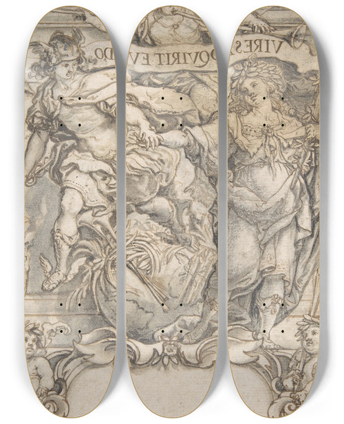 Triptych art skateboard deck of Francisco Rizi Design For A Frontispiece Mercury And Fame by Francisco Rizi (1614-1685)