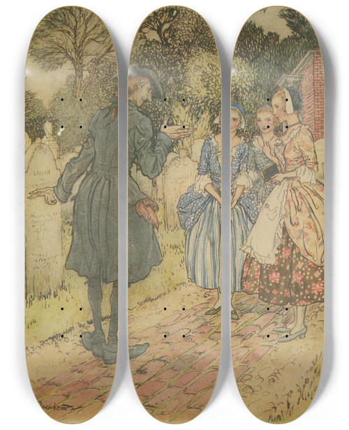 Triptych art skateboard deck of Arthur Rackham Reciting For Their Amusement All The Epitaphs On The Tombstones by Arthur Rackham (1867-1939)