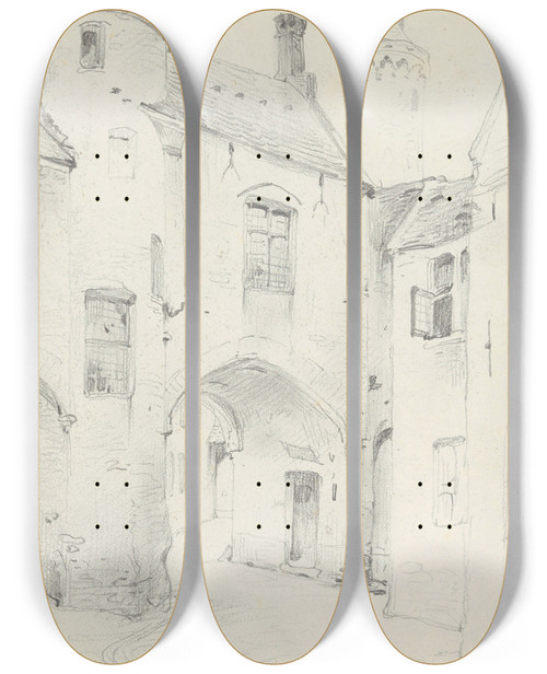 Triptych art skateboard deck of Nicaise De Keyser Stjacobstraat With Het Boterhuis In Bruges by Nicaise De Keyser (1813-1887)