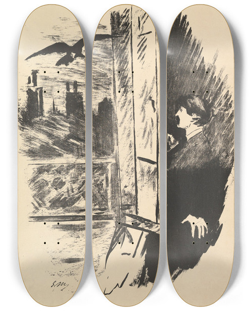 Triptych art skateboard deck of Douard Manet Open Here I Flung The Shutter Illustration To The Raven By Edgar Allan Poe by douard Manet (1832-1883)