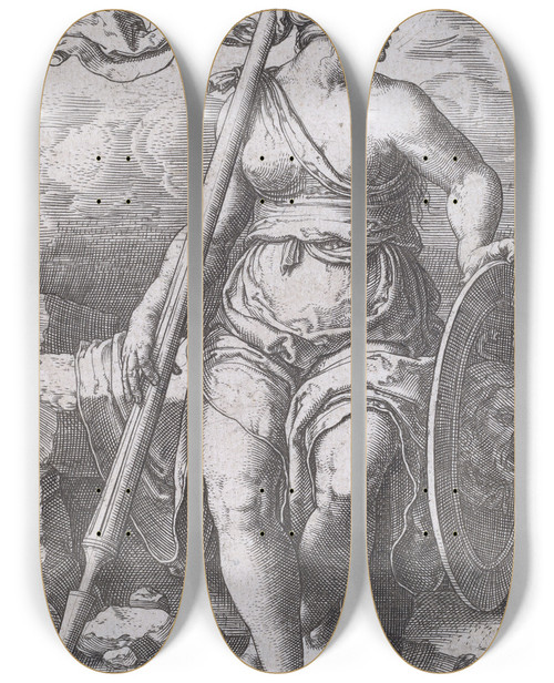 Triptych art skateboard deck of Lucas Van Leyden Pallas Athene by Lucas Van Leyden (1494-1533)