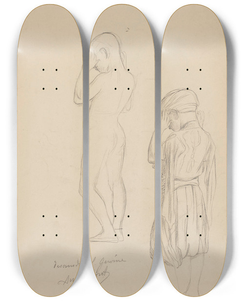 Triptych art skateboard deck of Jeanlon Grme Two Studies Of A Standing Boy Holding His Hands Up In Prayer by Jean-Lon Grme (1824-1904)