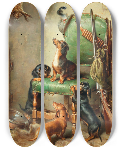 Triptych art skateboard deck of Carl Reichert Noch Nicht Hasenrein by Carl Reichert (1836-1918)