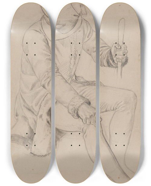 Triptych art skateboard deck of Adolph Tidemand Sitting Man With Hood And Staff by Adolph Tidemand (1814-1876)