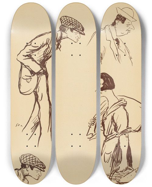 Triptych art skateboard deck of Georges Goursat Sem Personnage Non Identifi Dessin Deux Fois Maurice De Rotschild Labb Mugnier by Georges Goursat (Sem) (1863-1934)