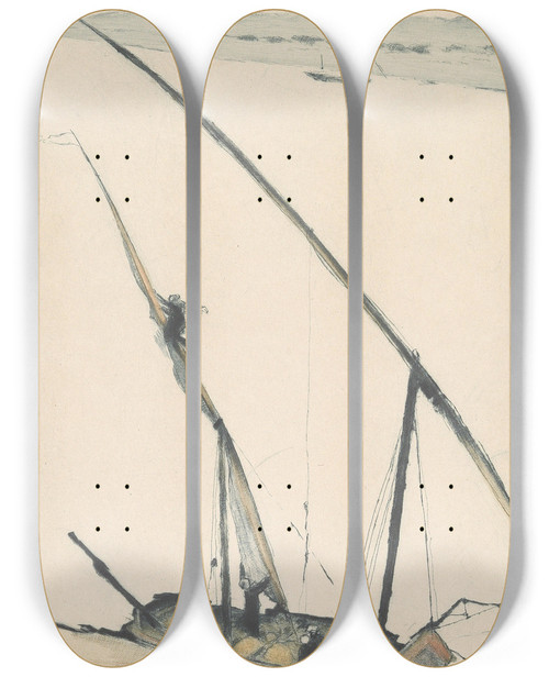 Triptych art skateboard deck of Emil Orlik Feluke Auf Dem Nil Felucca On The Nile by Emil Orlik (1870-1932)