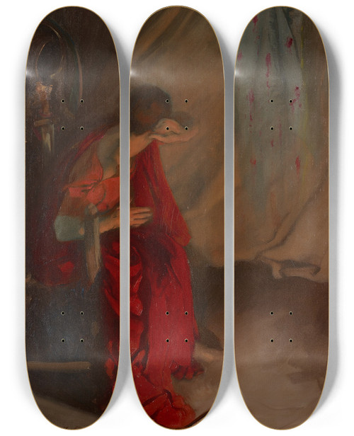 Triptych art skateboard deck of Edwin Austin Abbey Within The Tent Of Brutus Enter The Ghost Of Caesar Julius Caesar Act Iv Scene Iii by Edwin Austin Abbey (1852-1911)