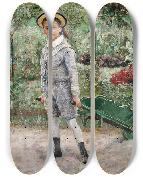 Triptych art skateboard deck of Ernst Josephson Boy With A Wheelbarrow by Ernst Josephson (1851-1906)