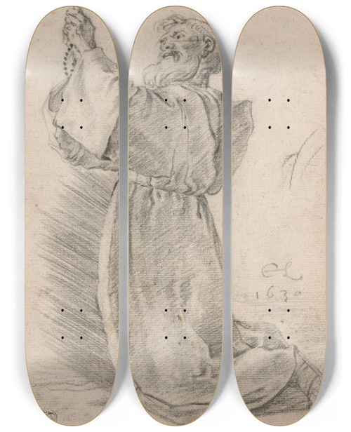 Triptych art skateboard deck of Cornelis Saftleven Kneeling Monk Holding A Crucifix by Cornelis Saftleven (1607-1681)