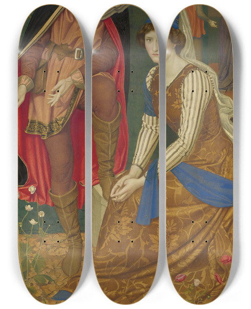 Triptych art skateboard deck of Joseph Edward Southall The Nut Brown Maid by Joseph Edward Southall (1861-1944)