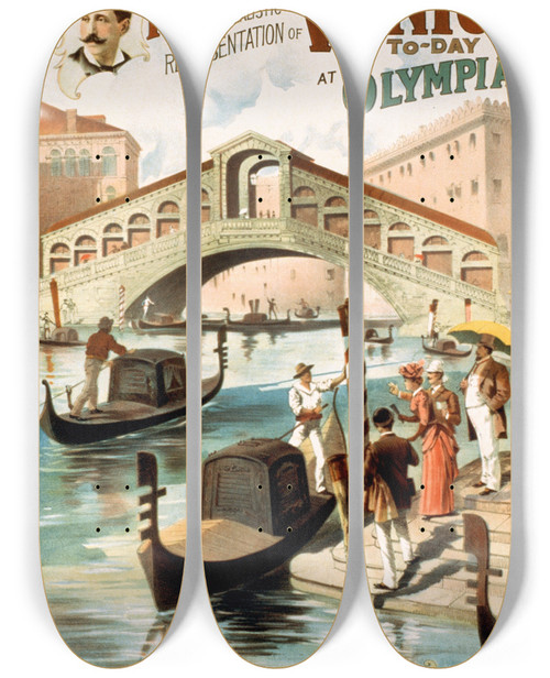 Triptych art skateboard deck of Strobridge Co Lith Imre Kiralfys Great Realistic Representation Of Venice Of Today At Olympia by Strobridge Co Lith (1847)