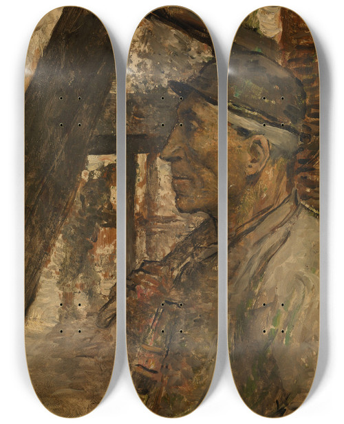 Triptych art skateboard deck of Constantin Meunier Collier With Safety Lamp by Constantin Meunier (1831-1905)