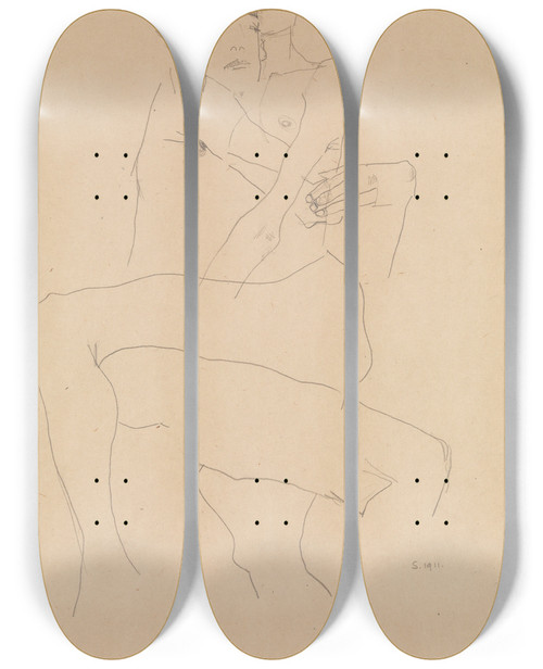 Triptych art skateboard deck of Egon Schiele Couple Embracing by Egon Schiele (1890-1918)