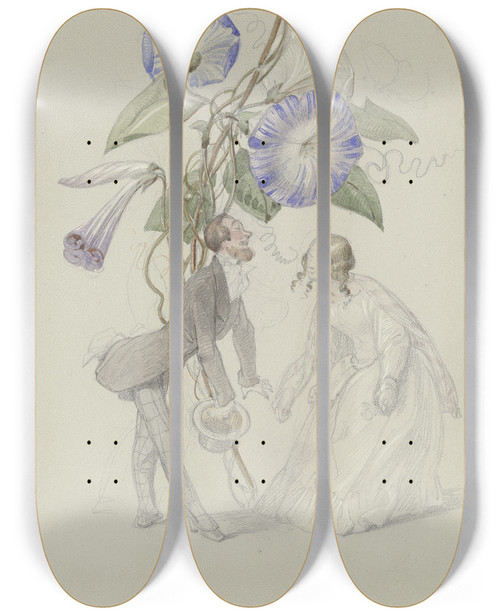 Triptych art skateboard deck of Adolf Schrdter  Ein Bouquet Von Blauen Winden Darunter Ein Sich Voreinander Verbeugendes Paar by Adolf Schrodter (1805-1875)