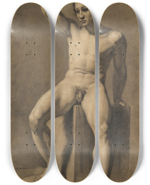 Triptych art skateboard deck of Anselm Feuerbach Seated Male Nude by Anselm Feuerbach (1829-1880)