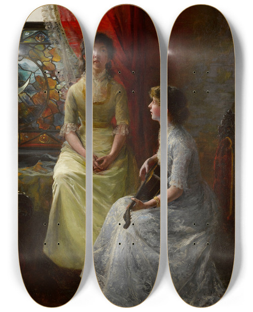 Triptych art skateboard deck of Hamilton Hamilton A Conversation by Hamilton Hamilton (1847-1928)