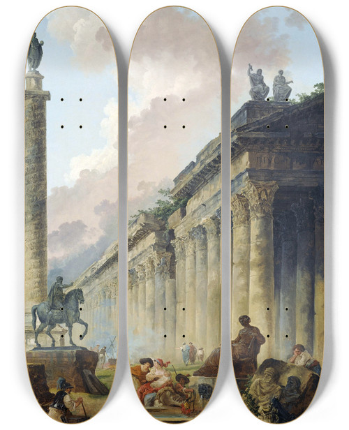 Triptych art skateboard deck of Hubert Robert Imaginary View Of Rome With Equestrian Statue Of Marcus Aurelius The Column Of Trajan And A Temple by Hubert Robert (1733-1808)
