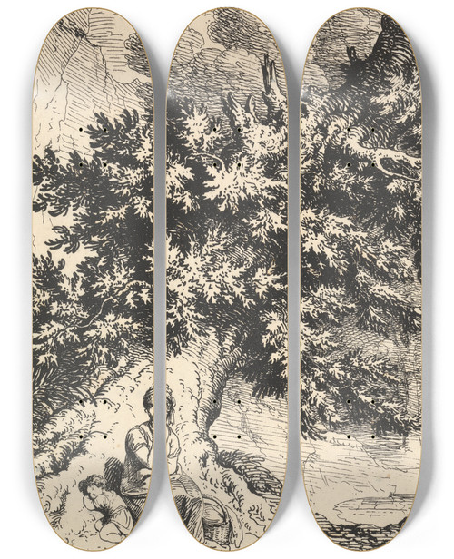 Triptych art skateboard deck of Richard Corbould Woman And Child Beneath A Tree by Richard Corbould (1757-1831)