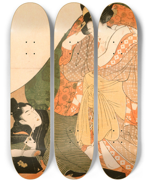 Triptych art skateboard deck of Kitagawa Utamaro Lovers Under A Futon Opening Image To An Erotic Set by Kitagawa Utamaro (1753-1806)