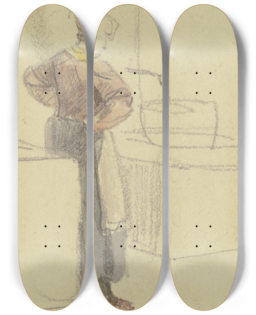 Triptych art skateboard deck of Jakob Frchtegott Dielmann Eine Frau In Rckenansicht Und In Die Hfte Gestemmten Hnde Wartet An Einem Brunnen Bis Ihr Zuber Vollgelaufen Ist by Jakob Furchtegott Dielmann (1809-1885)