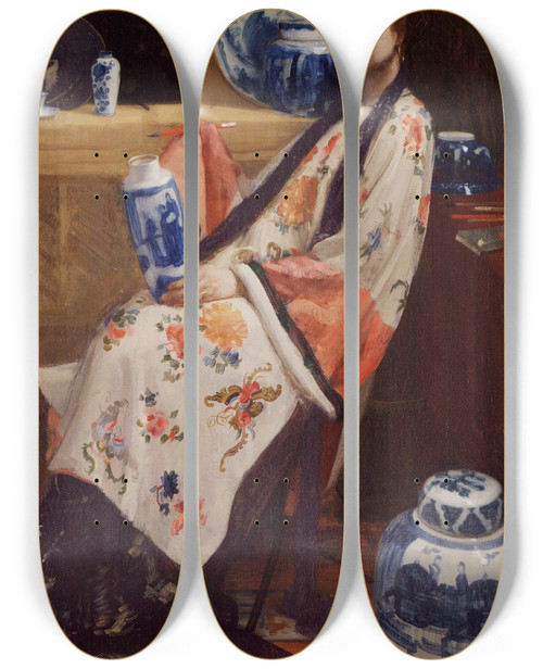 Triptych art skateboard deck of James Abbott Mcneill Whistler Purple And Rose The Lange Leizen Of The Six Marks by James Abbott Mcneill Whistler (1834-1903)