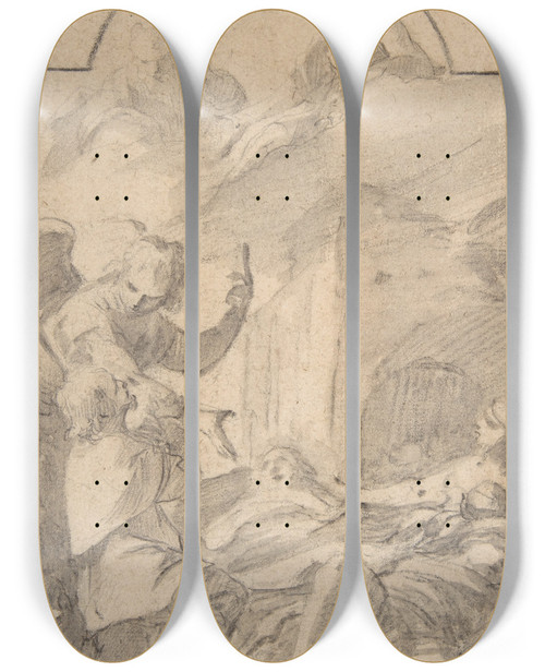 Triptych art skateboard deck of Laurent De La Hyre St Roch Interceding Before The Holy Trinity For Plague Victims by Laurent de la Hyre (1606-1656)