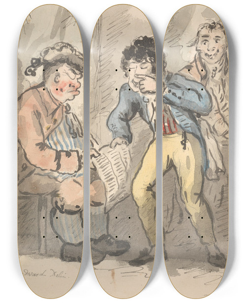 Triptych art skateboard deck of George Moutard Woodward The Sleeper by George Moutard Woodward (1765-1809)