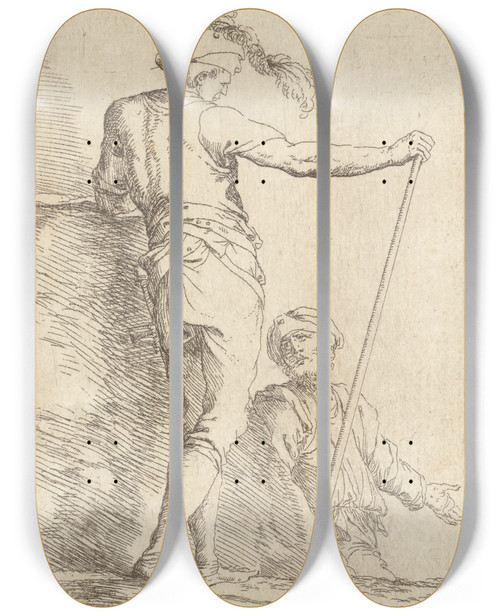 Triptych art skateboard deck of Salvator Rosa Two Soldiers One Seen From Behind And Holding A Cane In His Right Hand by Salvator Rosa (1615-1673)