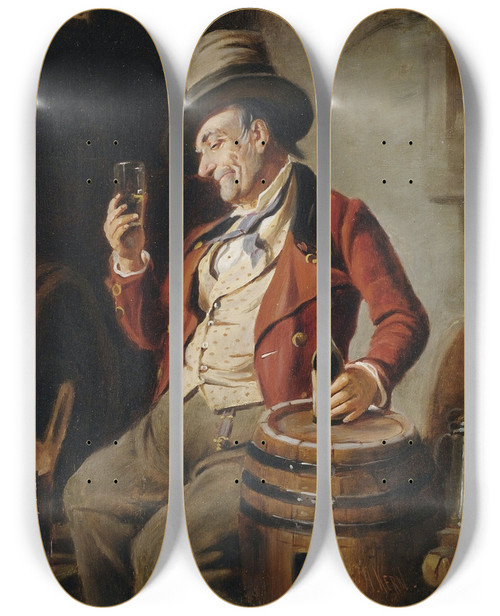 Triptych art skateboard deck of Hermann Kern Weintrinker Im Fasskeller by Hermann Kern (1838-1912)