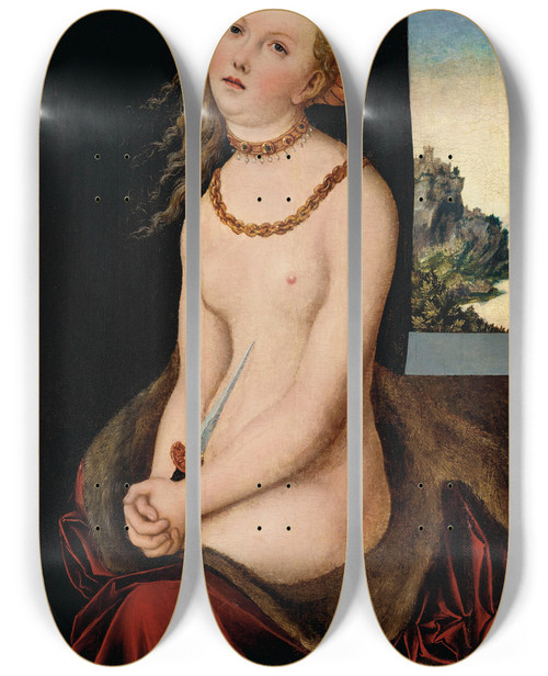 Triptych art skateboard deck of Lucas Cranach The Elder Lucretia_1 by Lucas Cranach The Elder (1472-1553)