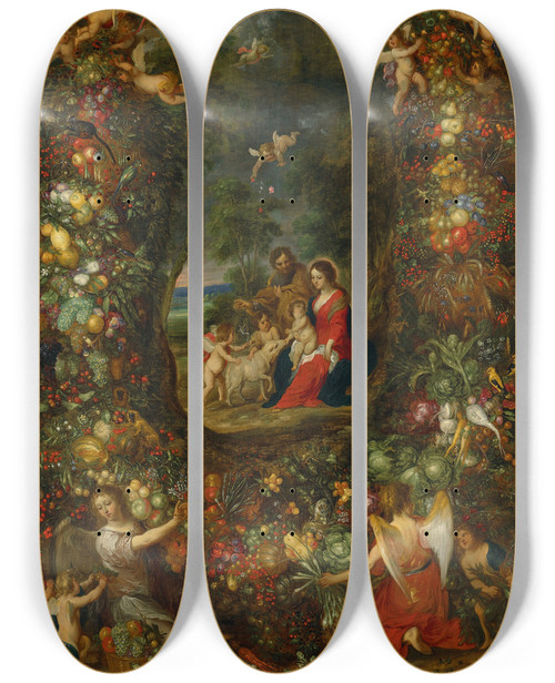 Triptych art skateboard deck of Jan Brueghel The Younger The Holy Family Surrounded By A Garland Of Fruit Supported By Putti by Jan Brueghel the Younger (1601-1678)