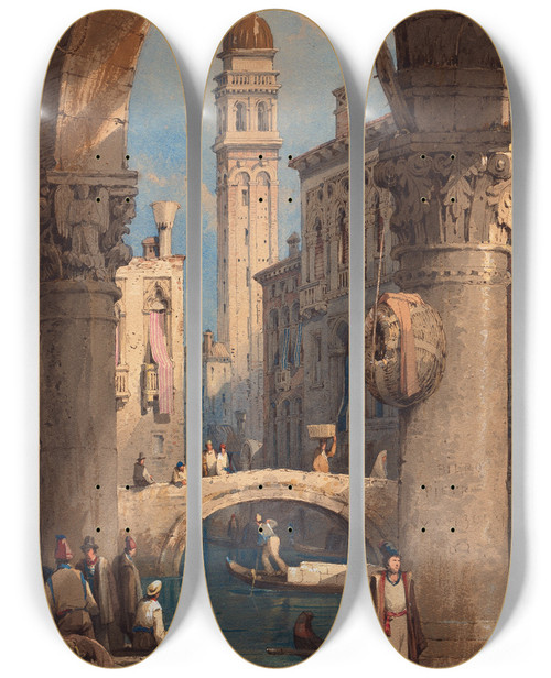 Triptych art skateboard deck of Samuel Prout San Giorgio Dei Greci Seen From An Arcade by Samuel Prout (1783-1852)