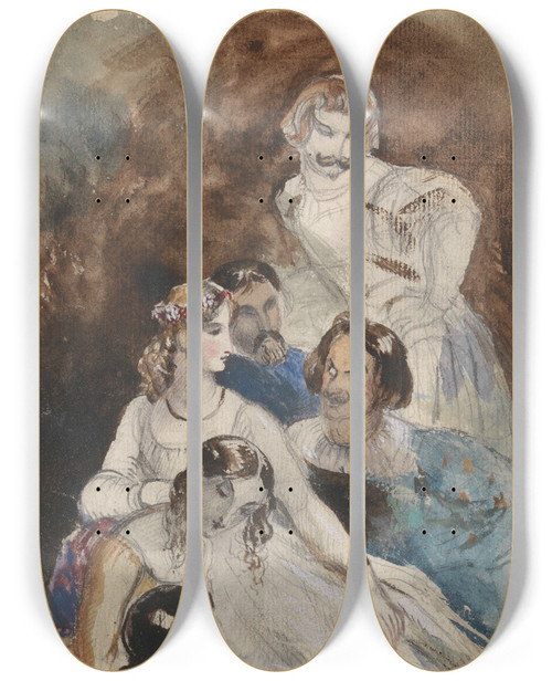 Triptych art skateboard deck of Theodor Von Holst Theatrical Group by Theodor Von Holst (1810-1844)
