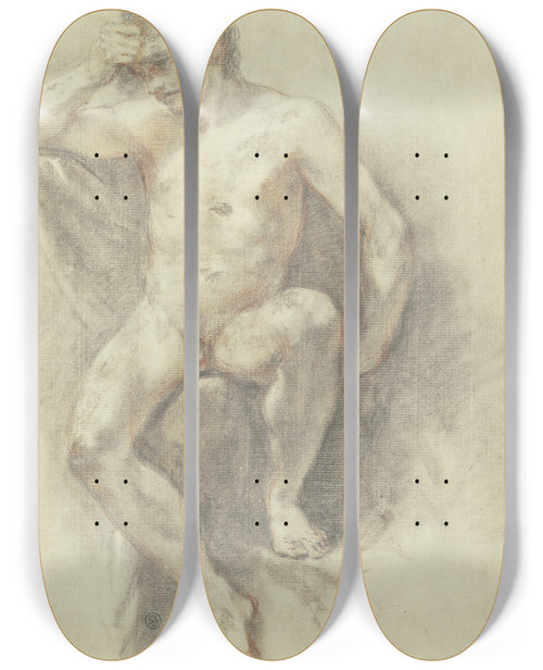 Triptych art skateboard deck of Francesco Zuccarelli Sitzender Mnnlicher Akt In Vorderansicht Die Rechte An Die Stirn Gefhrt by Francesco Zuccarelli (1702-1788)